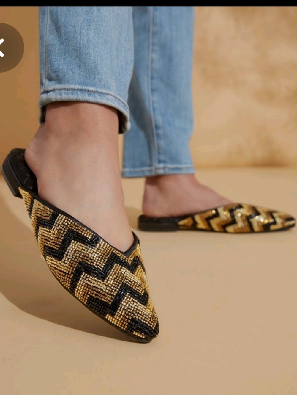 Birdies Swan Gold and Black Zigzag Beaded Mules NWOT